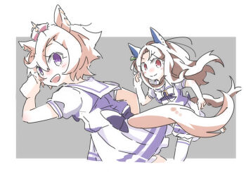 >:) 2girls :d animal_ears beer_hsk bow brown_hair closed_mouth crown grey_background hair_between_eyes horse_ears horse_girl horse_tail king_halo_(umamusume) long_hair mini_crown multiple_girls open_mouth pleated_skirt puffy_short_sleeves puffy_sleeves purple_bow purple_eyes purple_shirt red_eyes school_uniform shirt short_hair short_sleeves skirt smile t.m._opera_o_(umamusume) tail tracen_school_uniform two-tone_background umamusume v-shaped_eyebrows very_long_hair white_background white_skirt