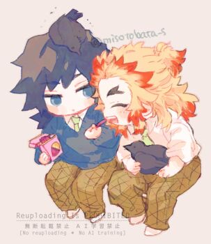 2boys bird black_hair blonde_hair blue_eyes blue_sweater blush_stickers chibi chibi_only closed_eyes commentary_request crow full_body holding kaname_(kimetsu_no_yaiba) kanzaburou_(kimetsu_no_yaiba) kimetsu_no_yaiba male_focus multiple_boys open_mouth pants rengoku_kyoujurou simple_background sitting smile sweater teeth tomioka_giyuu twitter_username upper_teeth_only watermark yarakuru yellow_pants