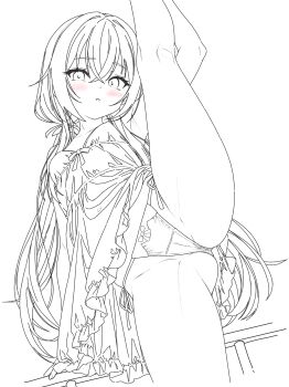 1girl arazand armpits blush bow bow_panties breasts calves cameltoe camisole crotch_seam dot_nose groin highres lineart long_hair looking_at_viewer monochrome navel open_mouth original panties pantyshot parted_lips side-tie_panties simple_background sketch small_breasts solo split spot_color standing standing_on_one_leg standing_split stomach underwear underwear_only very_long_hair white_background