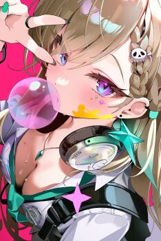Rule 34 | 1girl, black nails, blonde hair, blue eyes, braid, breasts, chewing gum, cleavage, commentary, ear piercing, earrings, hair between eyes, hair ornament, headphones, headphones around neck, highres, jewelry, kithera, long hair, looking at viewer, lynae (wuthering waves), medium breasts, mole, mole on breast, necklace, paint splatter, paint splatter on face, piercing, pink background, purple eyes, ring, shirt, skull hair ornament, solo, star (symbol), star earrings, sweat, unfinished, upper body, v, white shirt, wuthering waves