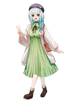 1girl :d ankle_boots bag beret black_choker blue_hair blush bobby_socks boots braid breasts brown_bag brown_boots brown_ribbon cardigan choker collared_dress commentary_request cosplay doidamon dress empire_waist flower full_body gradient_hair green_dress hair_flower hair_ornament hair_over_shoulder hairpin hand_up hat hat_ornament highres inui_toko inui_toko_(cosplay) inui_toko_(fall_casual) lize_helesta long_hair long_sleeves looking_at_viewer medium_breasts medium_dress multicolored_hair multiple_hairpins neck_ribbon nijisanji open_cardigan open_clothes open_mouth pendant_choker purple_eyes purple_hat ribbon shoulder_bag simple_background single_braid smile socks solo teeth upper_teeth_only v virtual_youtuber walking white_background white_cardigan white_hair white_socks