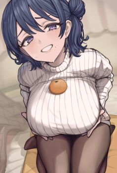 1girl artist_request blue_hair blurry blurry_background breast_focus breasts check_artist commentary_request curtains depth_of_field earrings food food_on_body food_on_breasts fruit grey_sweater grin hair_between_eyes hair_bun highres indie_virtual_youtuber jewelry kotatsu large_breasts looking_at_viewer mandarin_orange mi2mi2_minmi mole mole_under_mouth new_year pantyhose presenting_breasts purple_eyes ribbed_sweater second-party_source seiza short_hair single_side_bun sitting smile sweat sweater swept_bangs table tokiai_misao turtleneck