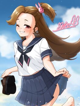 Rule 34 | 1girl, artist name, asymmetrical bangs, barefoot, black neckerchief, brown hair, commentary request, day, ekaki konkon, gems company, highres, holding, holding shoes, holding unworn clothes, long hair, looking at viewer, naninu nene, neckerchief, one eye closed, one side up, outdoors, red eyes, school uniform, serafuku, shirt, shoes, short sleeves, skirt hold, smile, unworn shoes, virtual youtuber