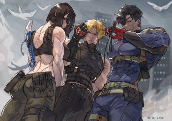 Rule 34 | 1girl, 2boys, absurdres, adelheid bernstein, blonde hair, brown hair, city, dated, eyepatch, fingerless gloves, from behind, gloves, heidern, highres, military uniform, multiple boys, muscular, muscular female, muscular male, red eyes, shirt, syachiiro, t-shirt, the king of fighters, whip, whip (kof)