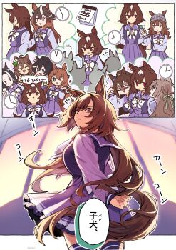 6+girls absurdres ahoge animal_ears beanie black_hair blue_eyes bow bowtie braid breasts brown_hair calendar_(object) candy clock closed_mouth commentary_request domino_mask ear_bow ear_covers earrings ears_through_headwear el_condor_pasa_(umamusume) eye_mask food green_eyes grey_hat hair_between_eyes hair_bun hair_ornament hairclip happy_birthday hat highres holding holding_candy holding_food holding_lollipop horse_ears horse_girl horse_tail jewelry katsuragi_ace_(umamusume) large_breasts lollipop long_hair long_sleeves maruzensky_(umamusume) mask mejiro_ramonu_(umamusume) mini_hat mini_top_hat mr._c.b._(umamusume) multicolored_hair multiple_girls nakayama_festa_(umamusume) one_eye_closed open_mouth pleated_skirt ponytail purple_eyes purple_sailor_collar purple_serafuku purple_shirt purple_skirt red_eyes sailor_collar sailor_shirt satono_diamond_(umamusume) school_uniform serafuku shirt sirius_symboli_(umamusume) skirt smile streaked_hair symboli_rudolf_(umamusume) tail tassel tassel_hair_ornament toji_(y2toj2) top_hat tracen_school_uniform umamusume very_long_hair white_bow white_bowtie white_hair