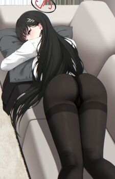 1girl ass black_hair black_jacket black_pantyhose blue_archive breast_press breasts commentary couch hair_ornament hairclip halo highres hugging_object indoors jacket large_breasts living_room long_hair long_sleeves looking_at_viewer looking_back lying on_couch on_stomach panties panties_under_pantyhose pantyhose pillow pillow_hug red_eyes revision ribbed_sweater ringed_eyes rio_(blue_archive) solo sweater thighband_pantyhose thighs underwear unworn_jacket very_long_hair white_sweater ziroqon