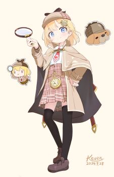 1girl aged_down black_thighhighs blonde_hair blue_eyes brown_capelet brown_hat brown_jacket bubba_(watson_amelia) capelet collared_shirt hat highres holding holding_magnifying_glass hololive hololive_english jacket keven_(ewdx3754) looking_at_viewer magnifying_glass necktie red_necktie shirt short_hair smile smol_ame stopwatch thighhighs virtual_youtuber watch watson_amelia watson_amelia_(1st_costume) white_shirt