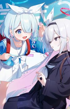 2girls akabino arona_(blue_archive) backpack bag black_hairband black_serafuku black_skirt blue_archive blue_eyes blue_hair choker colored_inner_hair commentary_request hairband halo highres long_hair multicolored_hair multiple_girls neckerchief pink_hair plana_(blue_archive) sailor_collar school_uniform serafuku skirt white_neckerchief white_skirt