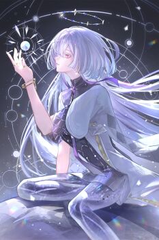 1girl absurdres breasts chinese_commentary closed_mouth colored_eyelashes commentary_request dress earrings from_side glint grey_hair halo hand_up highres id_card jacket jewelry long_hair mornye_(wuthering_waves) multiple_rings partial_commentary planet purple_dress red_eyes ring see-through_body small_breasts solo tacet_mark_(wuthering_waves) triangle_earrings white_jacket wuthering_waves xiaoji_chuangzao