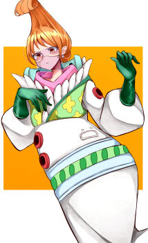 Rule 34 | 1girl, alternate costume, alternate hairstyle, blush, celestial dragons (one piece), commentary request, dress, earrings, gloves, green gloves, hair up, highres, jewelry, kasumi 6, long hair, mouth veil, nami (one piece), one piece, orange eyes, orange hair, solo, standing, veil