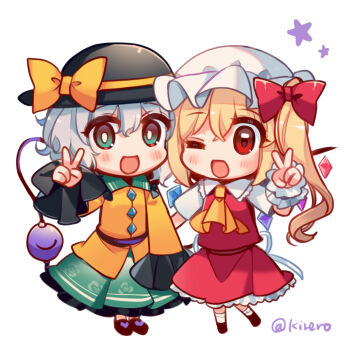 2girls :d ;d ascot black_hat blonde_hair bow chibi chibi_only collared_shirt commentary_request flandre_scarlet frilled_shirt_collar frills full_body green_eyes green_hair green_skirt hair_bow hat hat_bow hat_ribbon kirero komeiji_koishi long_hair long_sleeves looking_at_viewer mob_cap multiple_girls one_eye_closed one_side_up open_mouth red_bow red_skirt red_vest ribbon shirt short_sleeves simple_background skirt smile star_(symbol) thank_you touhou v vest white_background white_hat white_shirt wrist_cuffs yellow_ascot yellow_ribbon yellow_shirt