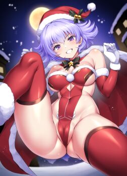 1girl absurdres bikini cameltoe choukou_(alicesoft) choukou_taisen_escalation_heroines commentary_request dha elbow_gloves from_below fur_trim gloves gluteal_fold grin hat highres ichinomiya_haine leotard purple_hair red_thighhighs santa_bikini santa_costume santa_hat smile swimsuit thick_thighs thighhighs thighs white_gloves