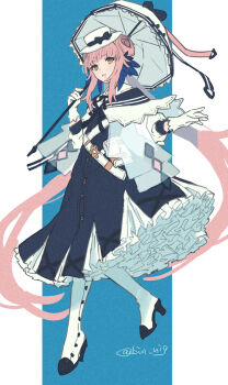 Rule 34 | 1girl, arknights, belt, blue dress, blue feathers, blue ribbon, blunt bangs, book holster, boots, bow, capelet, ceylon (arknights), commentary, dress, feather hair, feathers, frilled dress, frills, full body, gloves, hair bun, hand up, hat, hat bow, hexagram, high heel boots, high heels, holding, holding umbrella, long hair, long sidelocks, multiple belts, orange eyes, outstretched arm, parted lips, pink hair, ribbon, see-through clothes, shirt, sidelocks, solo, three-quarter sleeves, twitter username, umbrella, urabe (mstchan), very long hair, white capelet, white gloves, white hat, white shirt, white umbrella