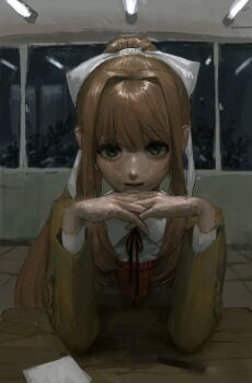 absurdres black_ribbon bow brown_hair brown_suit ceiling_light classroom collared_shirt commentary_request desk doki_doki_literature_club elbow_rest fluorescent_lamp formal_clothes green_eyes hair_between_eyes hair_bow hair_intakes hands_up hatena_(nazequestion) highres interlocked_fingers jacket light_smile looking_at_viewer monika_(doki_doki_literature_club) neck_ribbon night orange_sweater own_hands_clasped own_hands_together paper ponytail reflection ribbon sanpaku school_uniform shirt suit suit_jacket sweater swept_bangs white_bow white_shirt window
