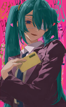 1girl bags_under_eyes blue_eyes brown_vest cellphone collared_shirt commentary eyepatch freckles green_hair hair_between_eyes hair_over_one_eye hand_up hatsune_miku heart highres holding holding_phone jacket long_hair long_sleeves looking_at_viewer matsunaga777 medical_eyepatch monitoring_(vocaloid) open_mouth phone pink_background purple_jacket shirt smartphone solo text_background tie_clip translated twintails upper_body vest vocaloid white_shirt