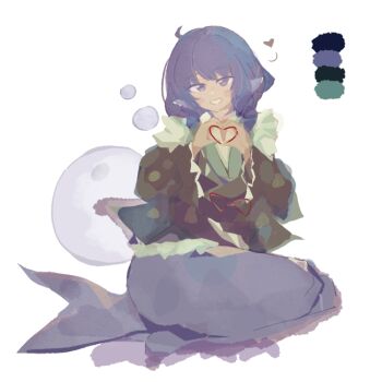 1girl blue_eyes blue_hair blush commentary drill_hair fins fish_tail frills full_body green_kimono head_fins heart heart_hands japanese_clothes kimono long_sleeves looking_at_viewer mermaid monster_girl smile solo tail teeth touhou user_rehz8345 wakasagihime