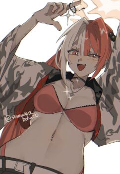 Rule 34 | 1girl, ageta morokoshi, arms up, artist name, belt, black choker, bra, breasts, choker, commentary request, cropped jacket, fang, fate/grand order, fate (series), from below, highleg, highleg panties, highres, jewelry, looking at viewer, matsunaga hisahide (fate), medium breasts, multicolored hair, nail polish, naughty face, navel, navel piercing, necklace, o-ring, o-ring choker, open mouth, panties, piercing, red bra, red eyes, red hair, revealing clothes, simple background, smile, solo, star (symbol), twitter username, two-tone hair, underboob, underwear, white background, white belt, wide sleeves