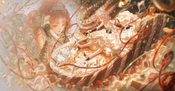 Rule 34 | 1girl, absurdres, black gloves, black shoes, chinese commentary, commentary request, curly hair, dress, elbow gloves, facial mark, food, gloves, gold ribbon, high heels, highres, holding, holding pastry bag, mark under eye, medium hair, momo (nikki), multiple views, nikki (nikki), nikki (series), open mouth, pastry bag, pink hair, pudding, red ribbon, ribbon, shining nikki, shoes, star (symbol), star facial mark, strapless, strapless dress, tiara, white dress, white tiara, xxyt-xx