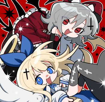 Rule 34 | 2girls, aiobahn, akuma (tententengokujigokugoku), baban777v, blue bow, bow, demon girl, demon horns, demon tail, detached sleeves, dress, frilled dress, frills, grey footwear, grey hair, hair bow, horns, legs up, looking at viewer, medium hair, multiple girls, open mouth, red dress, red eyes, sidelocks, smile, tail, tenshi (tententengokujigokugoku), tententengokujigokugoku (aiobahn), thigh strap