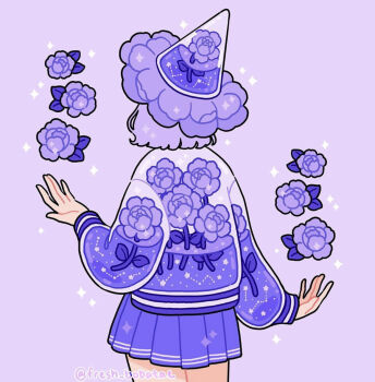 1girl constellation cowboy_shot emily_kim floral_print flower from_behind hat highres jacket letterman_jacket liquid original peony_(flower) peony_print pleated_skirt purple_background purple_flower purple_hair purple_jacket purple_skirt purple_theme see-through_body short_hair simple_background skirt sparkle twitter_username witch_hat