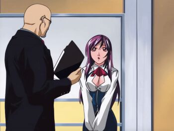 00s 1boy 1girl 2004 animated animated_gif bald bench bible_black bible_black_new_testament blazer bouncing_breasts bow bowtie breasts cleavage cleavage_cutout clothing_cutout earrings facial_hair female_focus formal_clothes goatee ichikawa_aki jacket jewelry large_breasts lipstick long_coat long_hair makeup patch purple_hair red_eyes running shin_bible_black shoulder_patch sidelocks suit sunglasses surprised tagme tokken_division yuge_toru