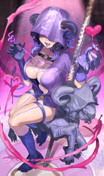 1girl absurdres breasts cleavage collarbone colored_tongue fangs gloves heart highres hood hood_up horns large_breasts monster_girl original purple_gloves purple_hair purple_tongue sakoku_(oyatsu3ji_) short_hair sitting solo teeth tongue tongue_out upper_teeth_only