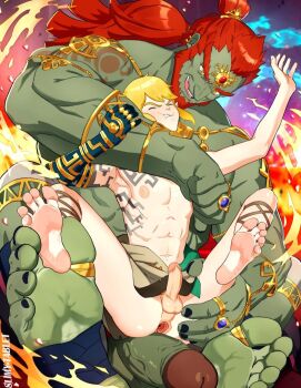 2boys armpits blonde_hair closed_eyes earrings feet functionally_nude ganondorf gaping_anus green_skirt hair_ornament highres imminent_anal imminent_penetration jewelry large_penis link multiple_boys muscular muscular_male nintendo pectorals penis red_hair ring sitting sitting_on_person skirt slimy_tablet the_legend_of_zelda tongue tongue_out yaoi yellow_eyes