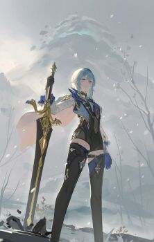 Rule 34 | 1girl, absurdres, bamboo nima, black hairband, blue gloves, blue hair, blue necktie, cape, claymore (sword), eula (genshin impact), from below, genshin impact, gloves, greatsword, hairband, high-waist shorts, highres, medium hair, mountain, multicolored eyes, necktie, short shorts, shorts, snow, solo, standing, sword, thighhighs, thighs, weapon, yellow eyes