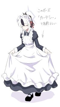 1girl absurdres alternate_costume apron black_dress black_hair black_shoes blue_archive closed_eyes closed_mouth colored_bangs commentary_request demon_horns dress enmaided frilled_apron frills full_body highres horns kayoko_(blue_archive) kayokolove3_17 lifting_own_clothes maid maid_apron maid_headdress multicolored_hair shoes socks solo translation_request two-tone_hair white_apron white_background white_hair white_socks