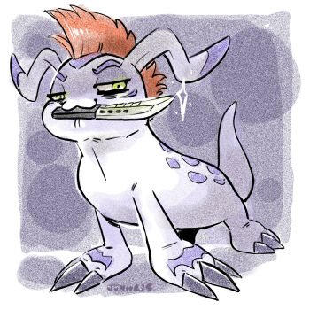 claws digimon digimon_(creature) gomamon green_eyes highres holding holding_knife knife looking_at_viewer mouth_hold no_humans red_hair short_hair solo vigoburrito white_fur
