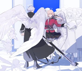 1boy 1girl alternate_species angel angel_wings belt belt_buckle between_breasts black_boots black_coat black_ribbon black_skirt boots braid breasts buckle charles-henri_sanson_(fate) cherub clenched_hand closed_mouth coat commentary fate/grand_order fate_(series) feathered_wings florence_nightingale_(fate) full_body gloves hair_ribbon hair_rings halo hat high_heel_boots high_heels highres holding holding_paper holding_sword holding_weapon jacket light_particles long_hair long_sleeves looking_at_another nurse nurse_cap pantyhose paper people pink_hair pleated_skirt red_eyes red_jacket ribbon short_hair shoulder_strap single_hair_ring skirt sleeve_cuffs sleeves_past_wrists standing sword tetota_tettou weapon white_belt white_boots white_gloves white_hair white_pantyhose white_wings wings