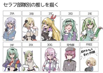 aqua_eyes beret bindi black_hair black_hairband blonde_hair blue_jacket breasts candy cape chest_harness coat collared_shirt earrings flower food fur-trimmed_cape fur_trim glasses gloves green_eyes green_hair grey_hair hair_between_eyes hair_flower hair_ornament hair_over_one_eye hair_over_shoulder hair_stick hairband harness hat heaven_burns_red highres izumi_yuki_(heaven_burns_red) jacket jewelry kanzaki_adelheid kayamori_ruka kura_satomi kurozawa_maki large_breasts lollipop long_hair long_sleeves low-tied_long_hair military_uniform minase_ichigo mole mole_under_mouth multicolored_hair multiple_girls murohushi_risa narvy_(heaven_burns_red) necktie ooshima_isuzu pink_hair ponytail puffy_sleeves purple_hair red_eyes red_ribbon ribbon rose round_eyewear sarashi shirt short_hair sidelocks siromochino tezuka_saki triangle_earrings twintails two_side_up very_long_hair vritika_balakrishnan white_coat yellow_eyes