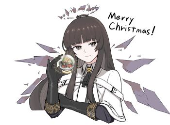 1girl arknights ascot black_ascot black_eyes black_gloves blunt_bangs brown_hair brown_halo christmas closed_mouth collared_shirt commentary_request detached_wings elbow_gloves executor_(arknights) executor_(gargoyle)_(arknights) gloves halo holding long_hair looking_at_viewer merry_christmas nereko partial_commentary shirt simple_background smile solo virtuosa_(arknights) white_background white_shirt wings
