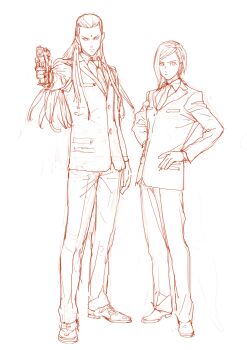 1boy 1girl absurdres af_cf aiming bindi breasts collared_shirt dress_shoes elena_(ff7) final_fantasy final_fantasy_vii final_fantasy_vii_rebirth final_fantasy_vii_remake formal_clothes full_body furrowed_brow gun hair_pulled_back handgun hands_on_own_hips highres holding holding_gun holding_weapon jacket long_hair looking_at_viewer medium_breasts necktie pants shirt short_hair sketch suit suit_jacket swept_bangs tseng weapon white_background