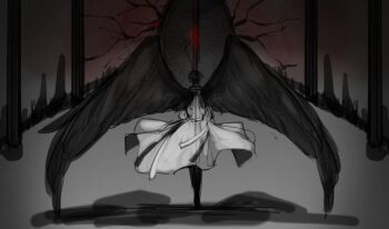 Rule 34 | 1boy, black hair, black wings, coat, commentary request, feathered wings, from behind, full body, hayu beck, kim dokja, korean commentary, male focus, official alternate costume, omniscient reader's viewpoint, open clothes, open coat, short hair, solo, standing, white coat, wind, wind lift, wings