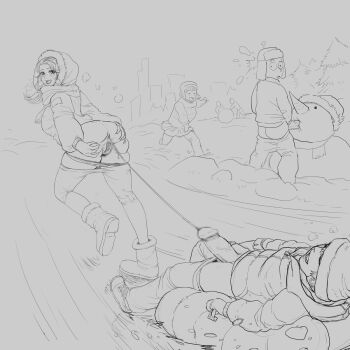 2boys 2girls anus blush erection exhibitionism fixzhuzhu greyscale hands_on_own_ass hat highres monochrome multiple_boys multiple_girls open_mouth outdoors ppenis public_indecency pulling pussy rope running shoes snow snowball snowman spread_anus spread_pussy teeth