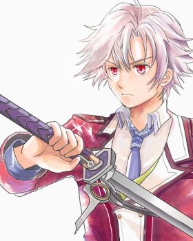 1boy blue_necktie curtained_hair eiyuu_densetsu folded_collar hair_between_eyes highres holding holding_sword holding_weapon jacket koyagistock male_focus necktie parted_bangs rean_schwarzer red_eyes sen_no_kiseki_(series) sen_no_kiseki_i short_hair simple_background solo sword tachi_(weapon) thors_military_academy_class_vii_uniform upper_body weapon white_background white_hair