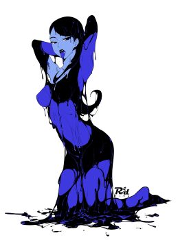 absurdres arms_behind_head arms_up artist_name batman_(series) batman_beyond black_hair blue_skin blue_tongue bodysuit breasts colored_skin colored_tongue dc_comics dcau dripping flat_color highres inque liquid_clothes liquid_hair mature_female melting messy monster_girl mutant naughty_face r3dfive sexually_suggestive simple_background slime_(substance) slime_girl splatter suggestive_look tagme third-party_edit tongue tongue_out watermark wet white_background