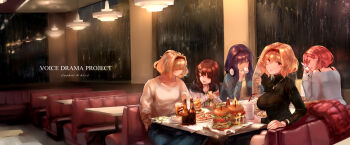 alcohol alice_margatroid alternate_costume ashtray beer black_sweater blonde_hair blue_jacket blue_pants booth_seating bread breasts brown_eyes brown_hair burger cheese cherry_pie cigarette closed_mouth coat coca-cola coffee coin collarbone commentary_request cookie_(touhou) cup denim diner drinking eating english_text eyes_visible_through_hair fang fine_art_parody food french_fries green_shirt grey_sweater hair_between_eyes hair_ornament hairband hairpin hand_in_pocket headphones headphones_around_neck highres hinase_(cookie) holding holding_cup holding_food holding_newspaper holding_phone ichigo_(cookie) indoors jacket jeans jewelry jigen_(cookie) ketchup ketchup_bottle lamp large_breasts lettuce long_hair long_sleeves looking_at_another looking_at_viewer looking_to_the_side medium_breasts megafaiarou_(talonflame_810) money mustard mustard_bottle necklace newspaper night nighthawks onion_rings open_mouth pants parody patchouli_knowledge phone pie pizza purple_eyes purple_hair rain reading red_hairband reflection sakuranbou_(cookie) sandwich shirt short_hair short_sleeves sitting smoking sweater t-shirt table taisa_(cookie) taking_picture tomato touhou track_suit turtleneck turtleneck_sweater unworn_coat upper_body white_jacket white_shirt