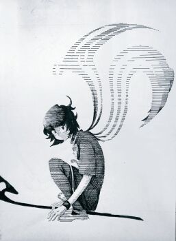 1girl bracelet commentary crosshatching dress from_side full_body greyscale hatching_(texture) houjuu_nue jewelry linear_hatching looking_at_viewer looking_to_the_side monochrome pen_(medium) short_hair solo squatting thighhighs touhou traditional_media white_background wings xmzhier