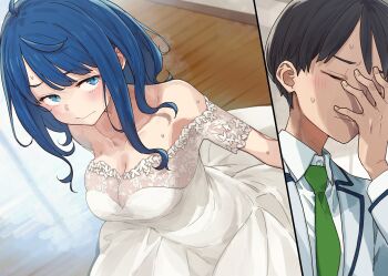 1boy 1girl absurdres black_hair blue_eyes blue_hair blush breasts cleavage closed_eyes closed_mouth collared_shirt dress facepalm green_necktie highres imigimuru indoors jacket large_breasts long_dress long_sleeves looking_at_another looking_to_the_side make_heroine_ga_oo_sugiru! medium_hair necktie novel_illustration nukumizu_kazuhiko off-shoulder_dress off_shoulder official_art parted_bangs school_uniform second-party_source see-through_cleavage see-through_clothes shirt short_hair short_sleeves sidelocks split_screen sweat swept_bangs wedding_dress white_dress white_jacket white_shirt wooden_floor yanami_anna