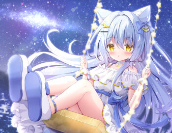 1girl animal_ear_fluff animal_ears bad_tag blue_bow blue_hair blush bow cat_ears choker crescent crescent_hair_ornament dress frilled_dress frills hair_bow hair_ornament hairclip highres long_hair night night_sky off_shoulder original outdoors shoe_soles shoes sitting sky solo star_(sky) starry_sky swing very_long_hair white_dress wrist_cuffs yellow_eyes yuduki_pdx