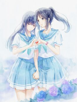 2girls absurdres aqua_neckerchief black_hair blue_hair blue_serafuku blue_skirt collarbone cowboy_shot half-closed_eyes hashtag-only_commentary heart heart_hands heart_hands_duo hibike!_euphonium highres holding_hands kafkasea kasaki_nozomi kitauji_high_school_uniform liz_to_aoi_tori multiple_girls neckerchief pleated_skirt ponytail red_eyes school_uniform serafuku shirt single_horizontal_stripe skirt smile watch white_shirt wristwatch yoroizuka_mizore yuri