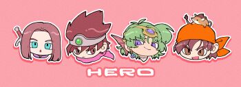 4boys absurdres aqua_eyes blue_eyes blue_gemstone brown_eyes brown_hair chibi chibi_only closed_mouth cowlick dragon_quest dragon_quest_iii dragon_quest_iv dragon_quest_viii dragon_quest_xi earrings forehead_protector frown gem green_gemstone green_hair hair_between_eyes hamster_on_head head_only hero_(dq11) hero_(dq3) hero_(dq4) hero_(dq8) highres jewelry koma_0235 male_focus multiple_boys munchie_(dq8) open_mouth orange_background parted_bangs parted_lips pink_background pink_scarf purple_shirt scarf shirt short_hair slime_(dragon_quest) smile sword weapon weapon_on_back winged_headwear