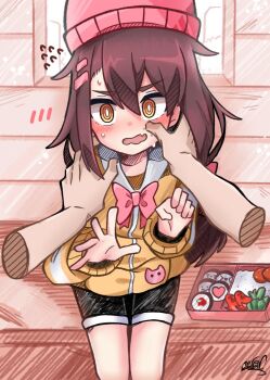 1girl @_@ among_us artist_self-insert beanie bento black_shorts blush bow bowtie brown_eyes brown_hair cheek_pinching crewmate_(among_us) disembodied_hand emoticon fang flying_sweatdrops food hair_between_eyes hair_bow hair_ornament hairclip hat highres hood hoodie jacket kiiro_(koonowen) koonowen long_hair long_sleeves looking_at_viewer monochrome_background open_mouth original panicking pinching pink_bow pink_theme pov pov_hands short_shorts shorts signature sitting skin_fang solo_focus sweat sweatdrop wavy_mouth when_you_see_it yellow_jacket