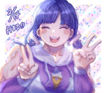 1girl blush braid closed_eyes collarbone double_v female_focus food ice_cream ice_cream_cone mojiro_moko muscular muscular_female open_mouth purple_hair simple_background solo teeth the_hundred_line_-last_defense_academy- twin_braids upper_body upper_teeth_only v white_background wrestler