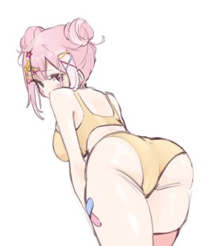 ass bandaid blair_labri_(artist) bra breasts double_bun hair_bun hirano_kokoro_(vtuber) indie_virtual_youtuber large_breasts looking_at_viewer looking_back midriff pink_eyes pink_hair thighhighs thighs underwear virtual_youtuber