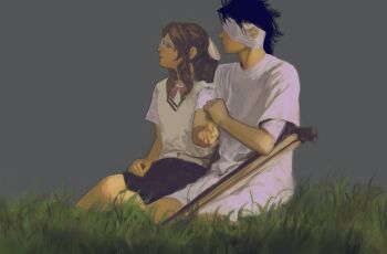 1boy 1girl aerith_gainsborough bandaged_arm bandaged_head bandages black_hair blue_skirt bow bowtie brown_hair closed_eyes closed_mouth commentary_request crutch drill_hair drill_sidelocks eyepatch final_fantasy final_fantasy_vii grass grey_background hair_ribbon long_hair medical_eyepatch parted_bangs photo-referenced red_bow red_bowtie ribbon shirt short_hair short_sleeves shorts sidelocks sitting skirt spiked_hair sweater_vest tori_(labyrinth_fft) white_ribbon white_shirt white_shorts yokozuwari zack_fair