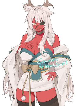 1girl absurdres animal_ears bare_shoulders black_thighhighs bow breasts brown_bow cleavage colored_skin commentary commission cowboy_shot english_commentary eyepatch hand_on_own_chest highres indie_virtual_youtuber japanese_clothes kimono large_breasts long_hair long_sleeves looking_at_viewer one_eye_covered open_mouth parted_bangs red_skin short_kimono shouz simple_background smile solo thighhighs thighs venara_cernos virtual_youtuber white_background white_hair white_kimono wide_sleeves yellow_eyes