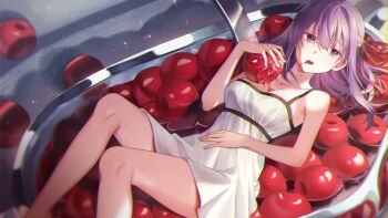 absurdres bare_shoulders bow bowl breasts cherry cleavage dress fate/stay_night fate_(series) fluid_on_breasts food food_bite food_on_body food_on_face fruit hair_bow hand_on_own_stomach heaven's_feel highres holding holding_food juice long_hair matou_sakura name_connection object_namesake on_food onyang open_mouth oversized_food oversized_object purple_eyes purple_hair red_bow red_ribbon ribbon shadow short_dress sleeveless spaghetti_strap spoon white_dress